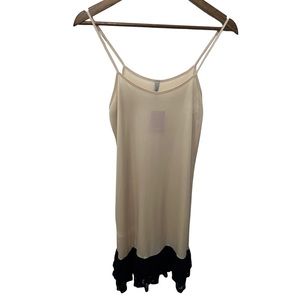 EIKOSI BEIGE SPAGHETTI STRAP DRESS WITH TIERED BLACK LACE RUFFLED BOTTOM SZ MED